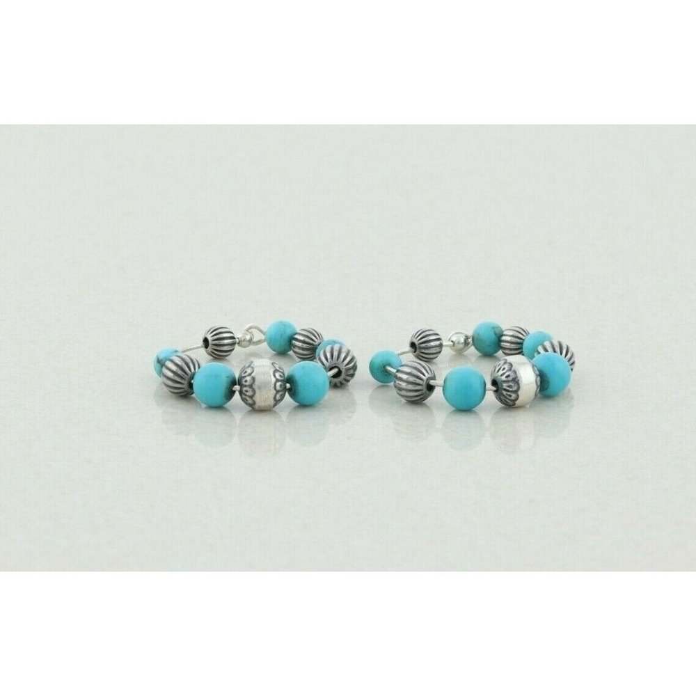 Sterling Silver Created Turquoise Bead Hoop Earrings